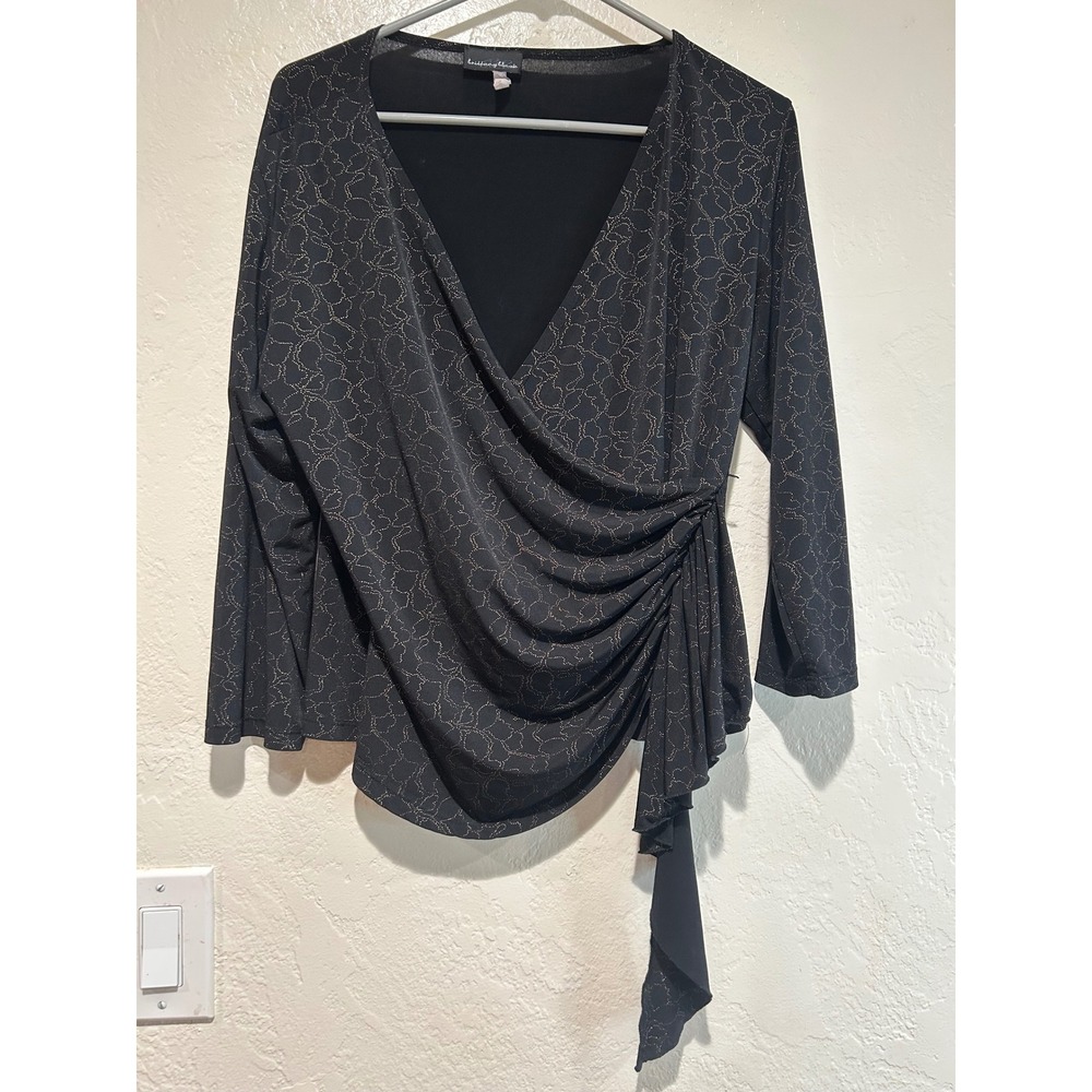 Brittany Black Women Wrap Blouse‎ Black Gold Glitter  Long Sleeve Side Tie XL
